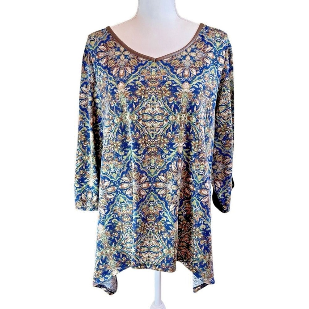CATHERINES Paisley Tunic Top 2X Brown Faux Leather Trim Paisley Boho Artsy